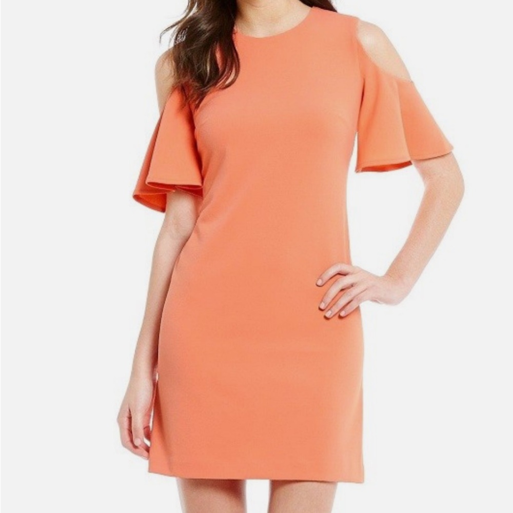 Calvin Klein Woman’s Cold-Shoulder Midi Dress in Peach/Coral